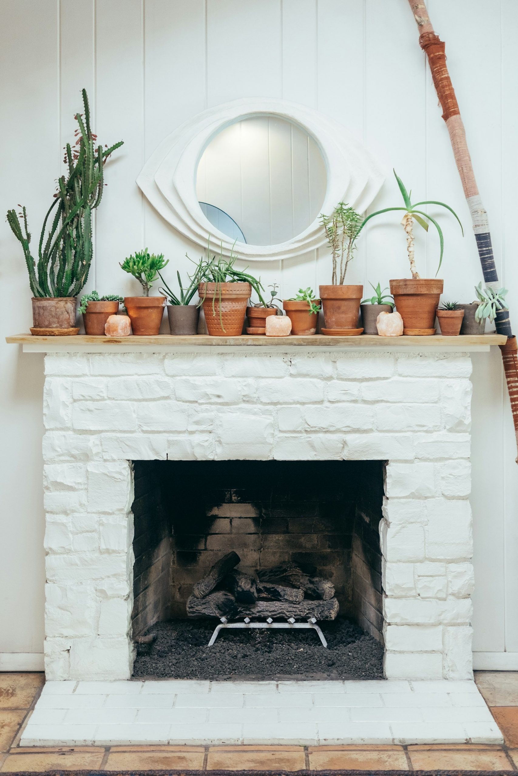 White brick fireplace